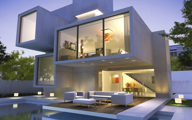 Moderne Architektur: Kubus-Villa mit Flachdächern und Pool