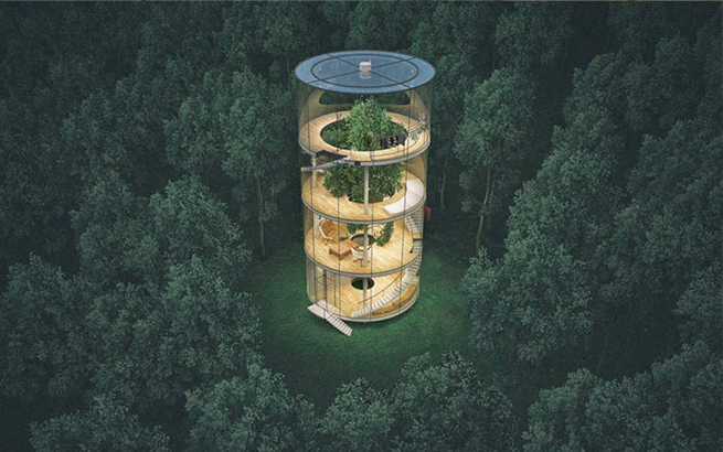 Dieses Glashaus von Aibek Almassov ist um einen Baum gebaut