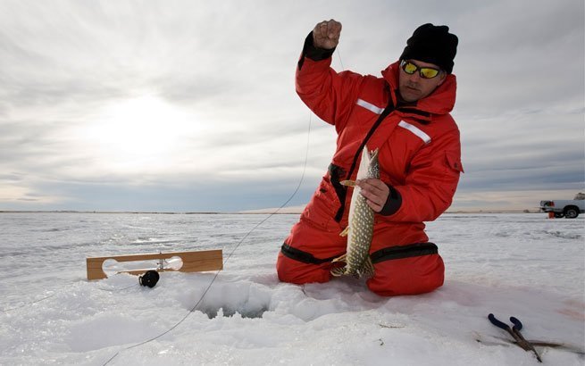 Erfolgreicher Angler beim Eisfischen 